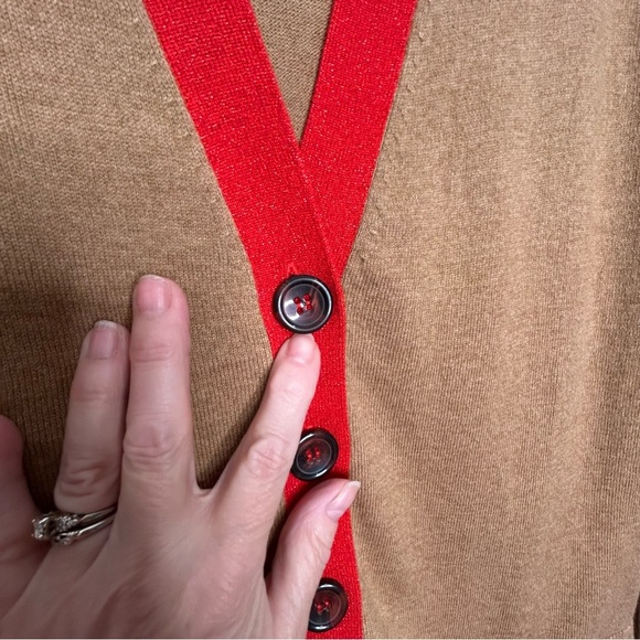 Boden Dark Tan Long Sleeve Button Up Cardigan w/Sparkly Red Details Sz XS - Picture 8 of 13